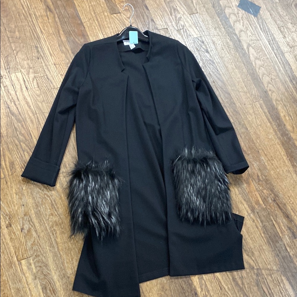 Joseph Ribkoff Black Trench Coat with Faux Fur Pockets